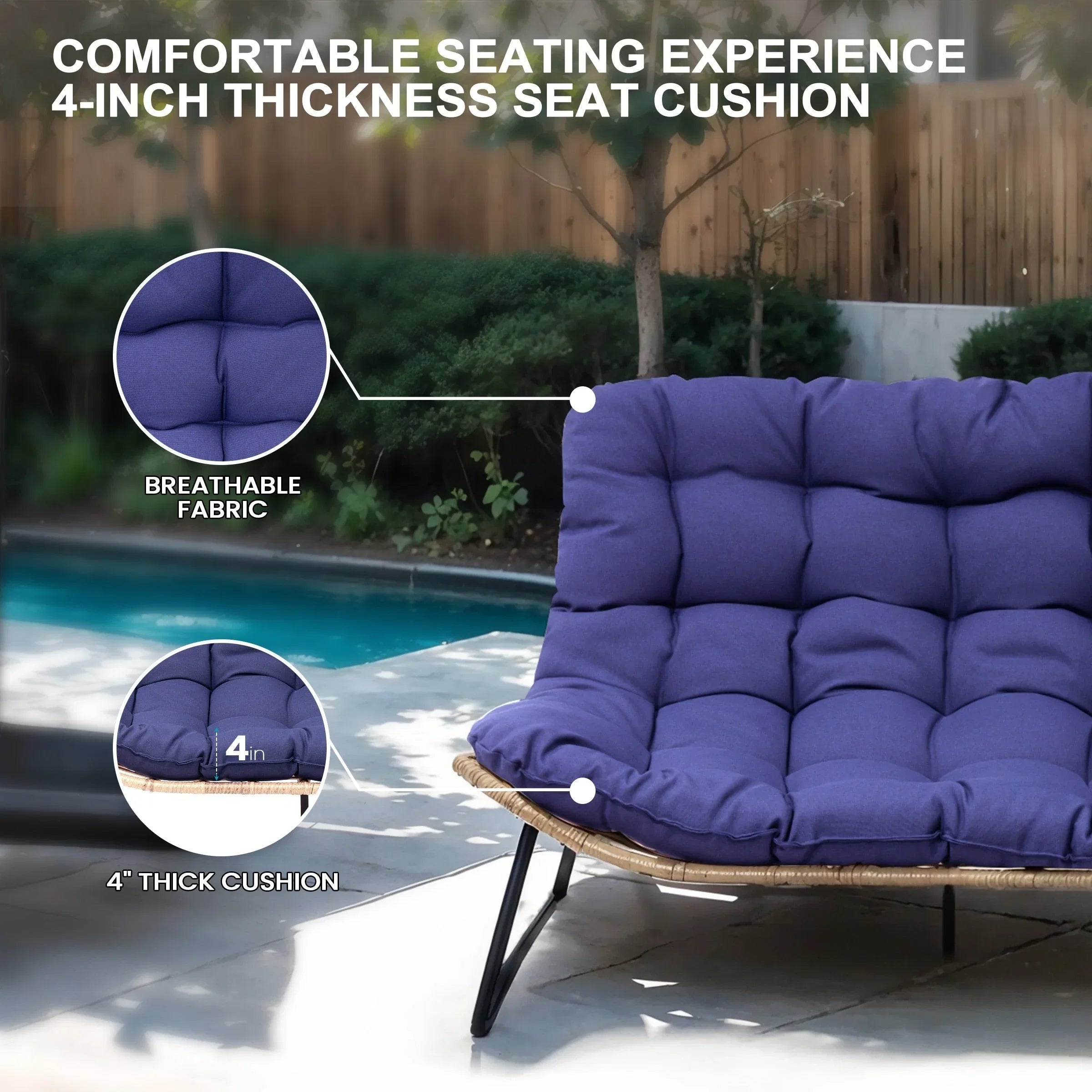 Causeuse double Papasan avec coussin, rotin PE tout temps et cadre en métal pour l'intérieur et l'extérieur
