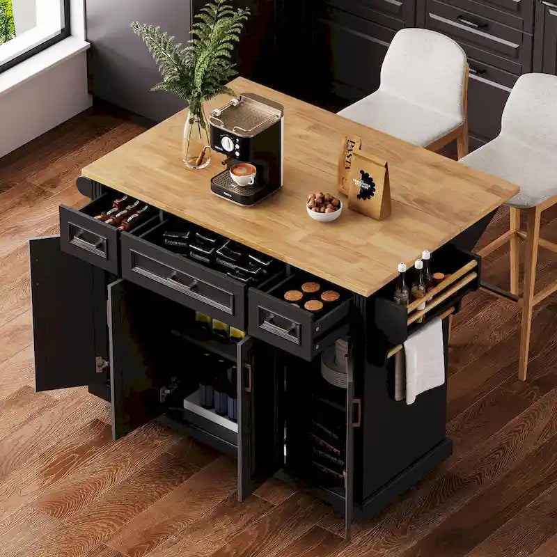 54 Grand îlot de cuisine avec plateau rabattable en bois d'hévéa, chariot de cuisine roulant à texture gaufrée sur 4 roues avec 4 portes et 3 tiroirs