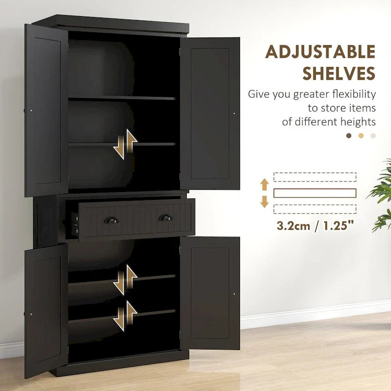 Meuble de rangement de cuisine autoportant traditionnel de 72 pouces avec 4 portes et 3 étagères réglables, grand tiroir central