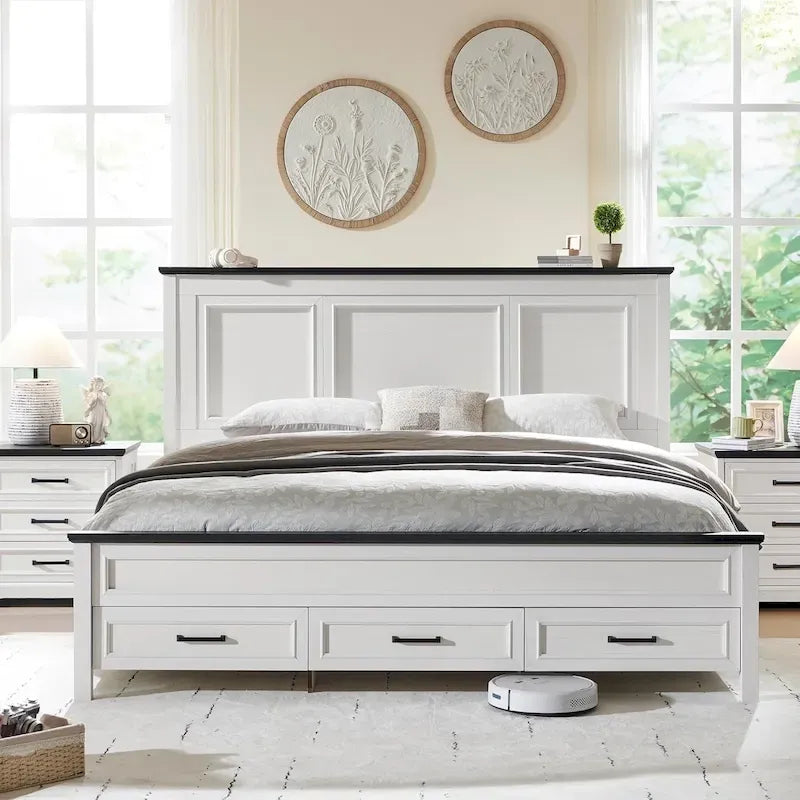 Cadre de lit en bois King Size de style ferme avec tête de lit, cadre de lit plateforme