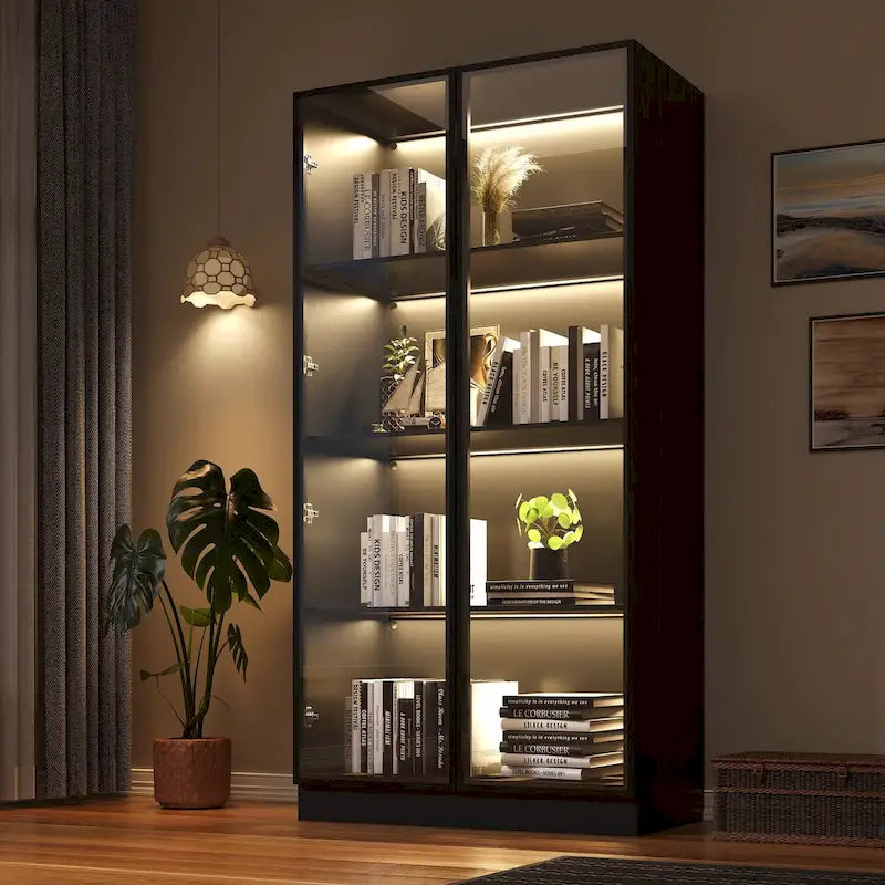 Vitrine de rangement, vitrine avec portes en verre trempé, vitrine avec 4 étagères de rangement