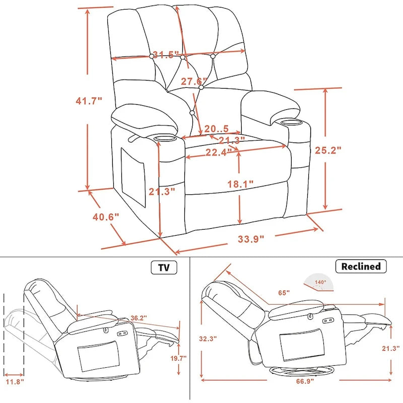 Fauteuil inclinable, pivotant et coulissant électrique avec porte-gobelets et ports USB, en tissu, une place