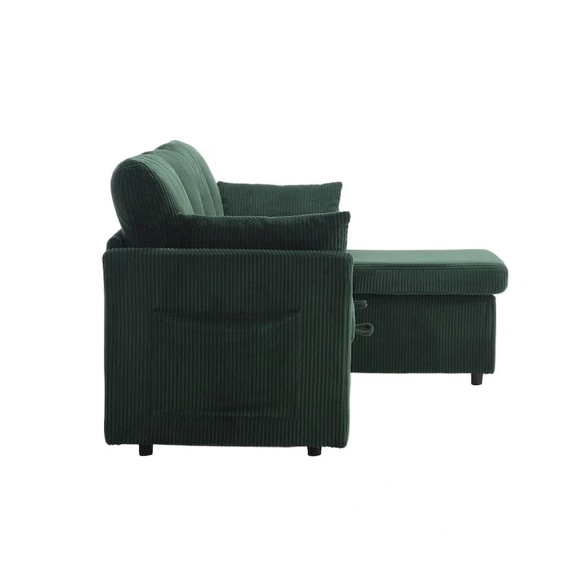 Canapé d'angle réversible en velours côtelé/chenille avec chaise longue de rangement et poche latérale