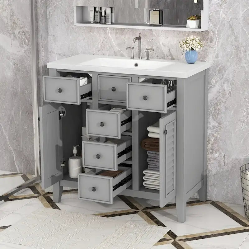 Meuble-lavabo avec vasque en céramique, deux placards et cinq tiroirs