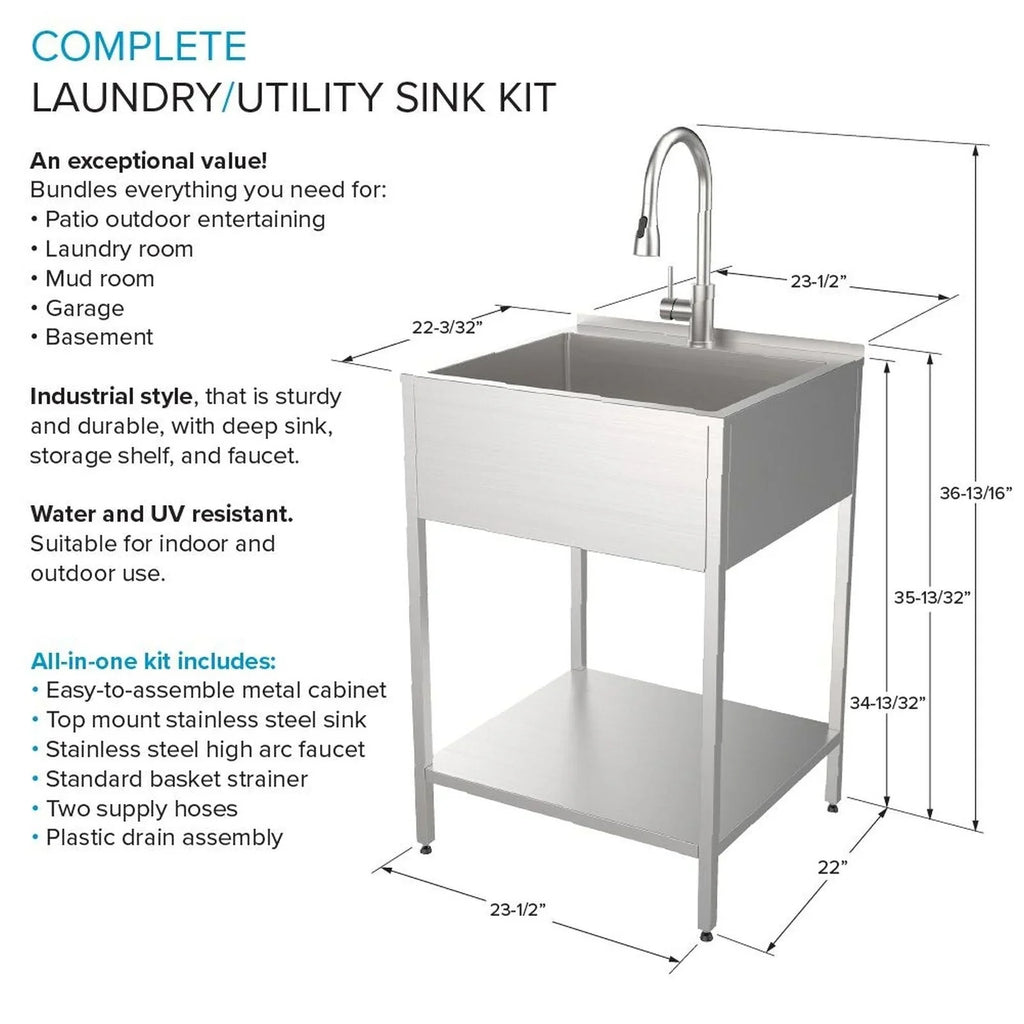 Évier de buanderie et support de lavage en acier inoxydable de 24 po L x 22 po P x 35 po H