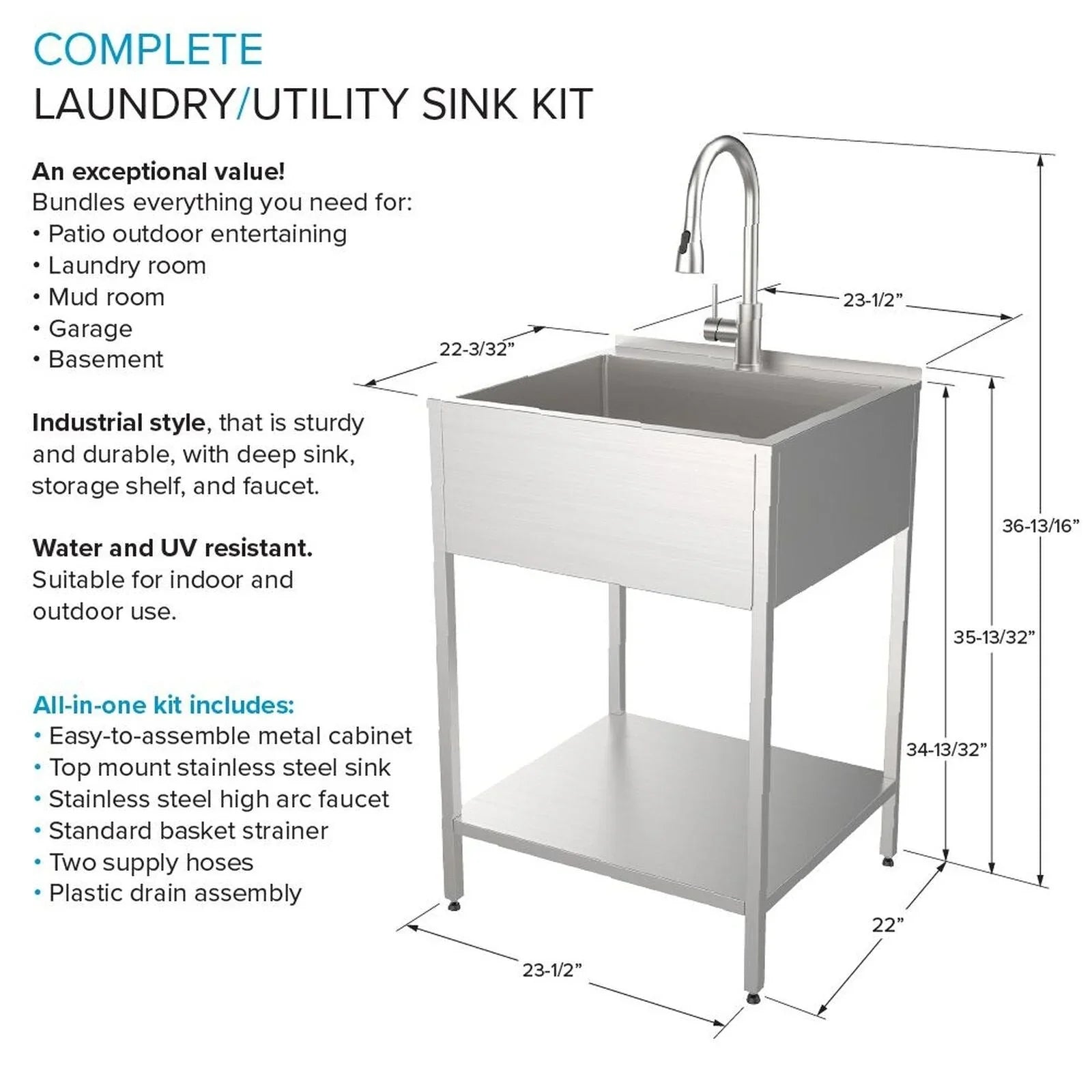 Évier de buanderie et support de lavage en acier inoxydable de 24 po L x 22 po P x 35 po H