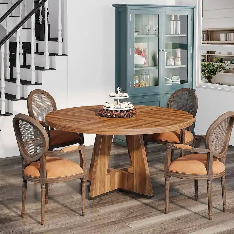 Table à manger ronde de 120 cm pour 4 personnes, table de salle à manger/cuisine/salon en bois style ferme