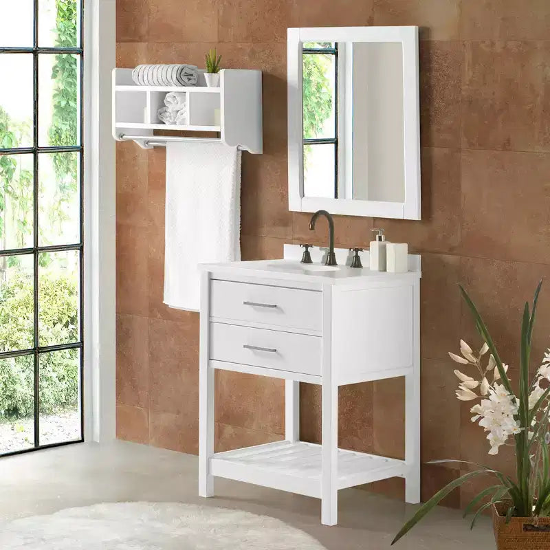 Meuble-lavabo de salle de bain en bois massif de 24 po avec étagère, blanc