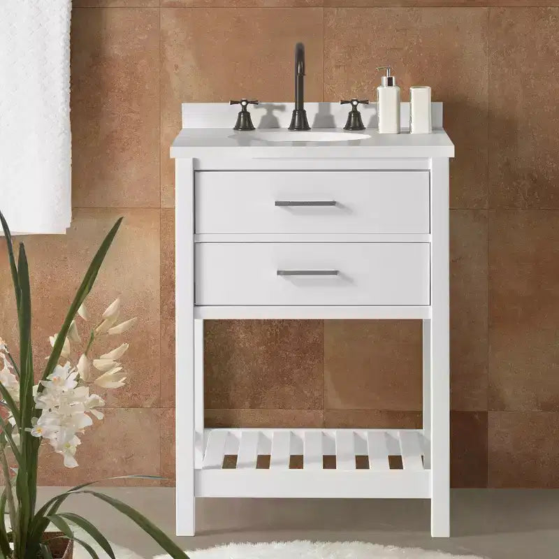 Meuble-lavabo de salle de bain en bois massif de 24 po avec étagère, blanc