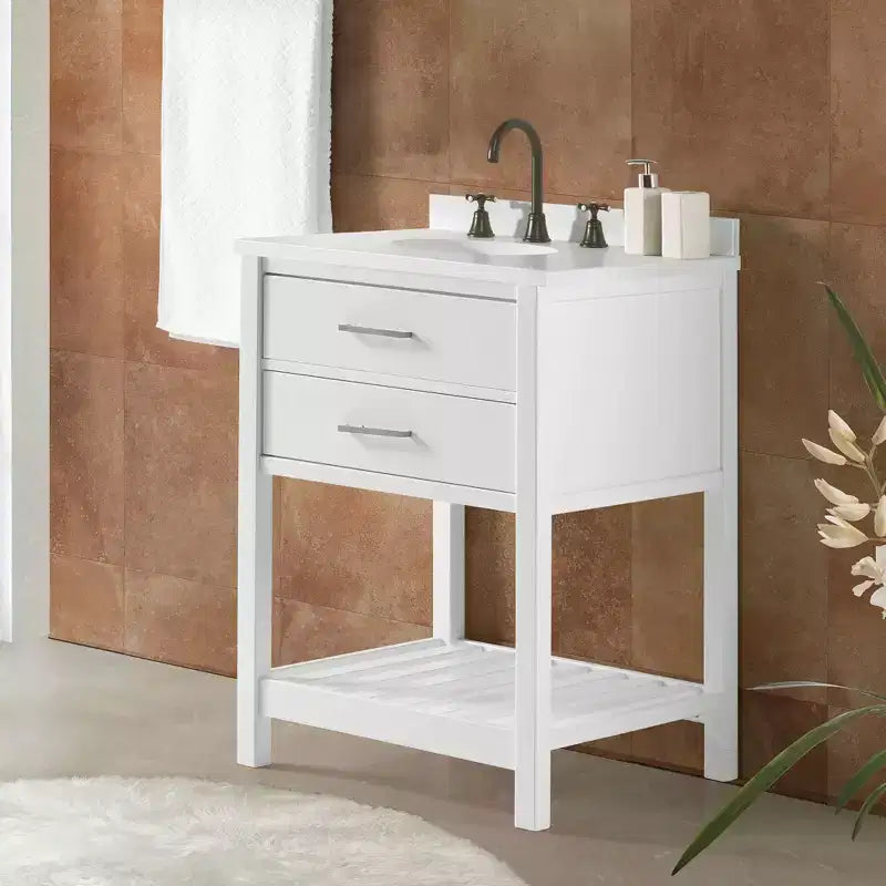 Meuble-lavabo de salle de bain en bois massif de 24 po avec étagère, blanc