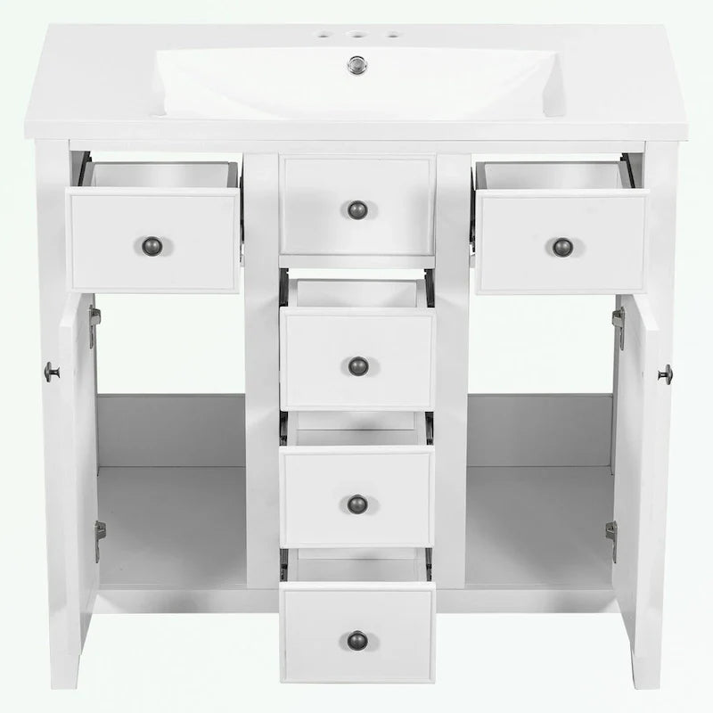 Meuble-lavabo avec vasque en céramique, deux placards et cinq tiroirs