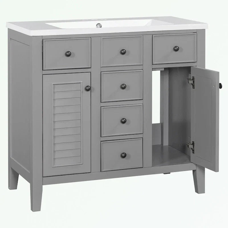 Meuble-lavabo avec vasque en céramique, deux placards et cinq tiroirs