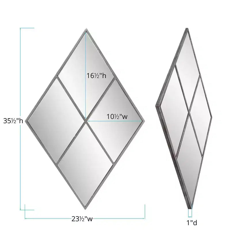 Miroir mural en forme de losange avec cadre métallique, 35,5"x23,5"