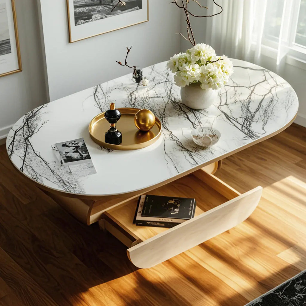 Table basse ovale contemporaine unique avec plateau en marbre et tiroir