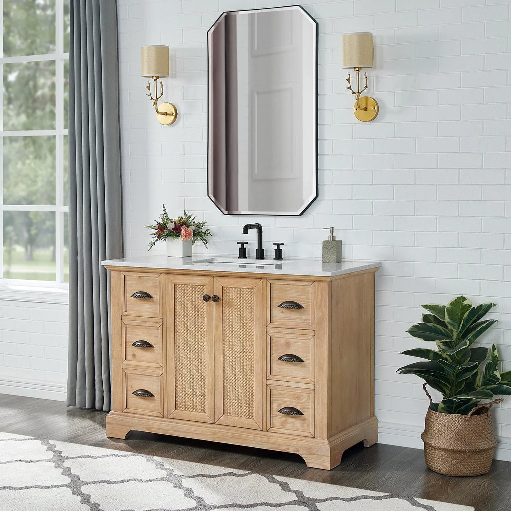 Meuble sous-vasque Hervas avec plateau en marbre naturel, sans miroir