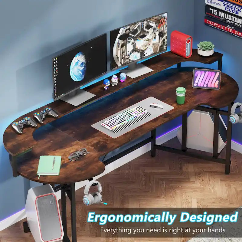 Bureau de gaming avec étagère pour moniteur, bureau d'ordinateur de 75 pouces avec bande LED