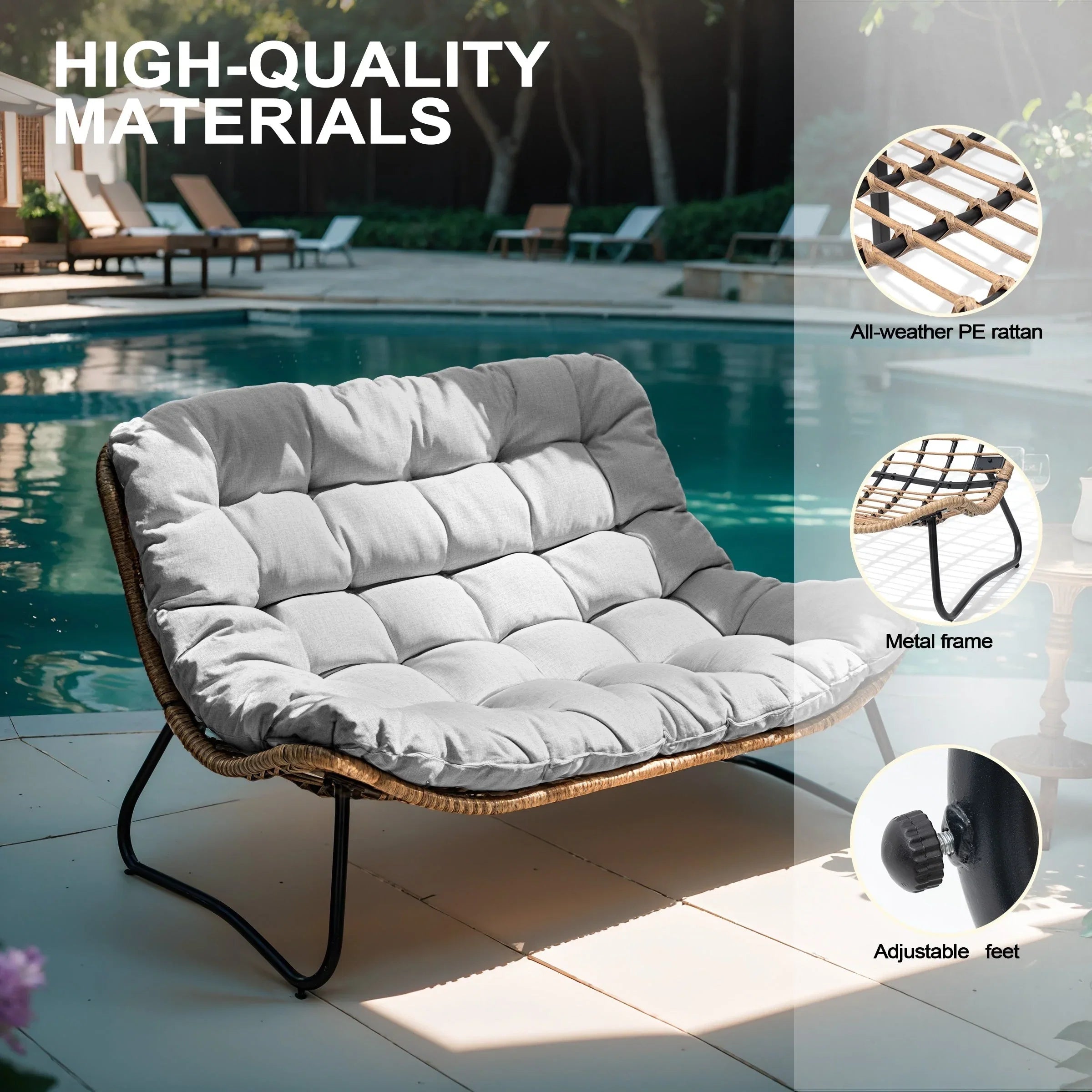 Causeuse double Papasan avec coussin, rotin PE tout temps et cadre en métal pour l'intérieur et l'extérieur