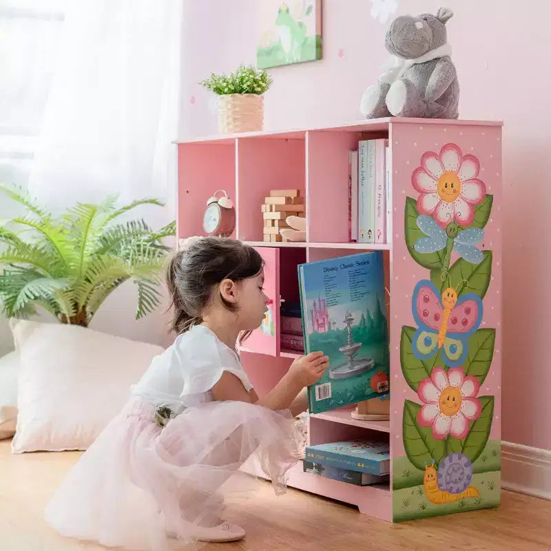 Étagère à Livres Réglable 3x3 pour Enfants avec Porte, Imprimé Jardin Rose, 9 Compartiments