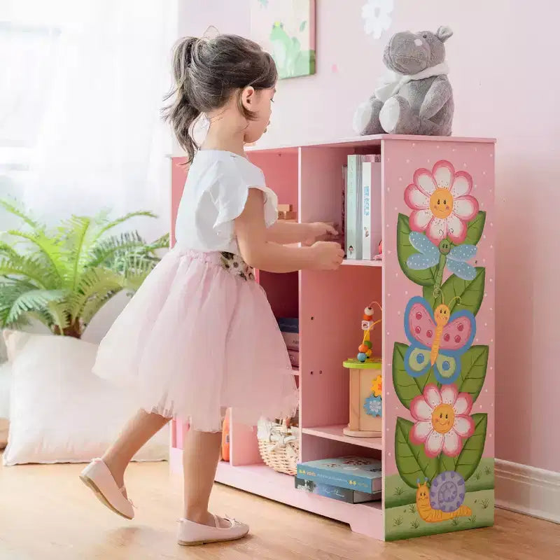 Étagère à Livres Réglable 3x3 pour Enfants avec Porte, Imprimé Jardin Rose, 9 Compartiments