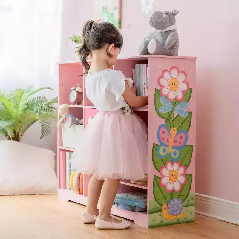 Étagère à Livres Réglable 3x3 pour Enfants avec Porte, Imprimé Jardin Rose, 9 Compartiments