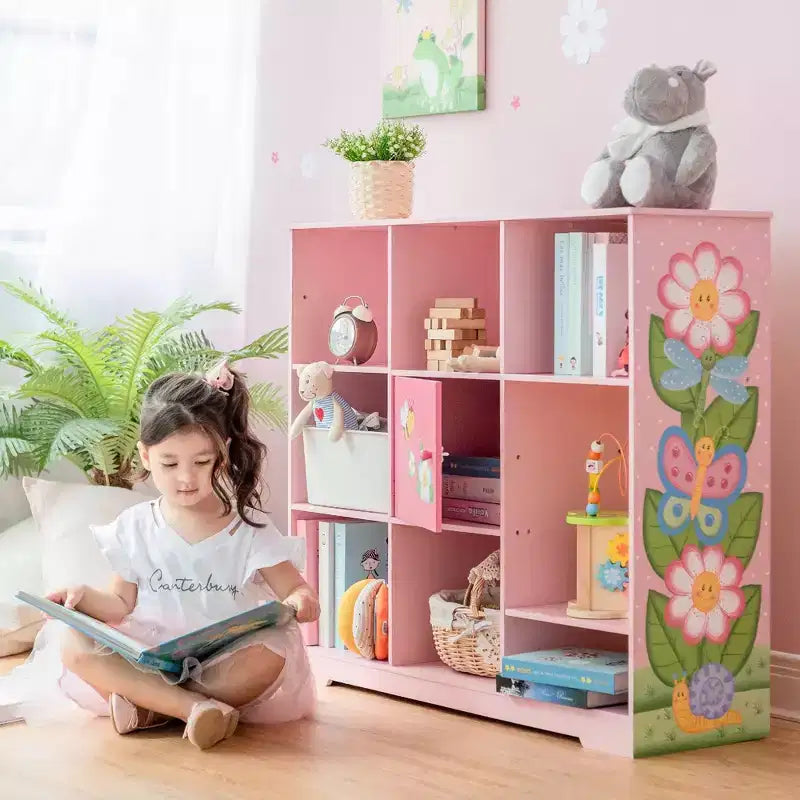 Étagère à Livres Réglable 3x3 pour Enfants avec Porte, Imprimé Jardin Rose, 9 Compartiments