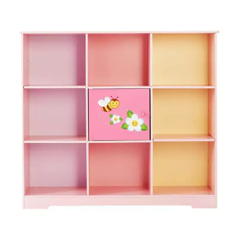 Étagère à Livres Réglable 3x3 pour Enfants avec Porte, Imprimé Jardin Rose, 9 Compartiments