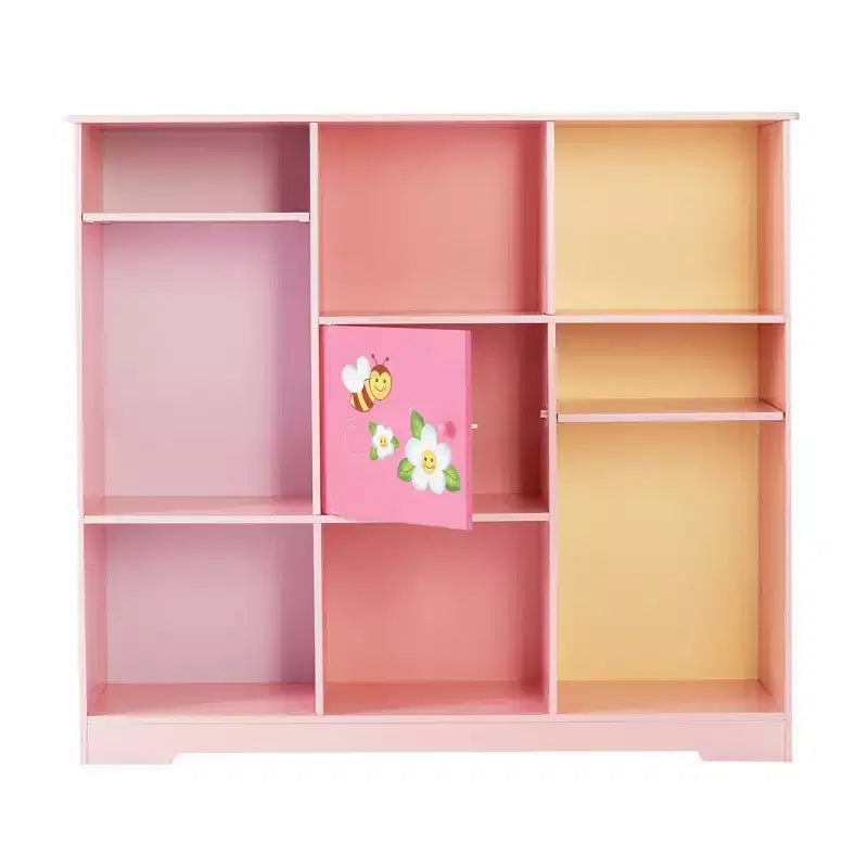 Étagère à Livres Réglable 3x3 pour Enfants avec Porte, Imprimé Jardin Rose, 9 Compartiments