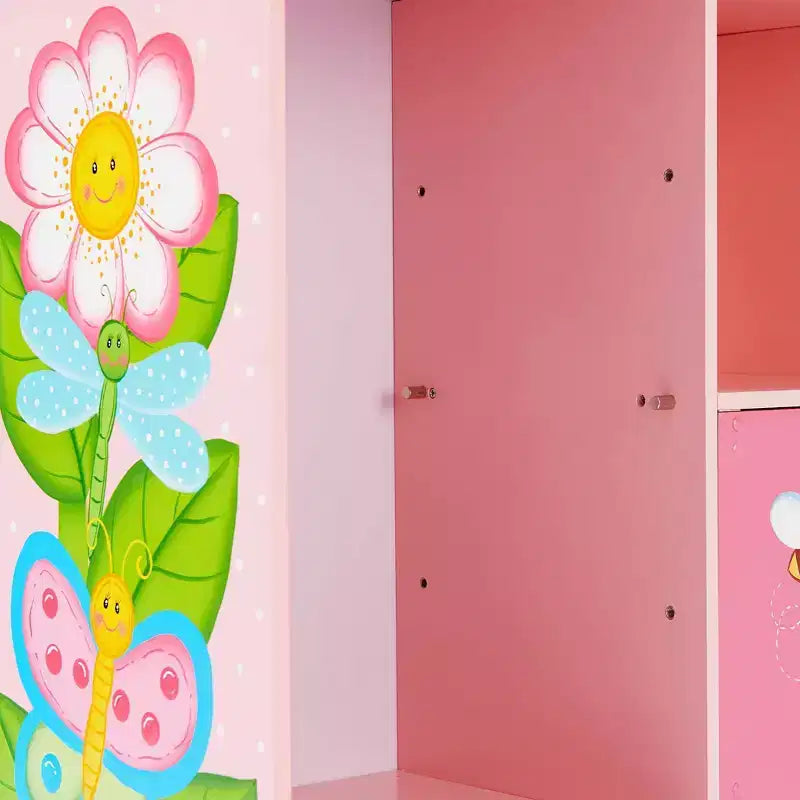 Étagère à Livres Réglable 3x3 pour Enfants avec Porte, Imprimé Jardin Rose, 9 Compartiments