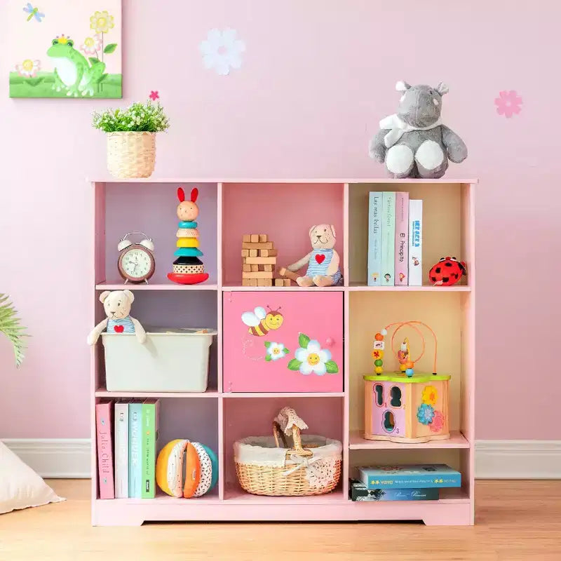 Étagère à Livres Réglable 3x3 pour Enfants avec Porte, Imprimé Jardin Rose, 9 Compartiments
