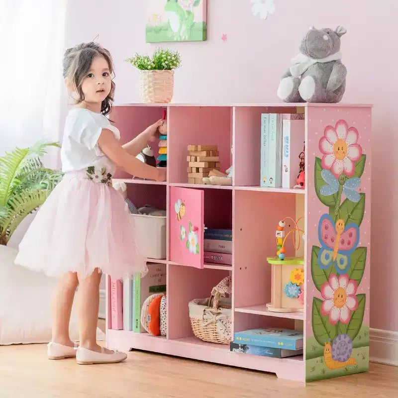 Étagère à Livres Réglable 3x3 pour Enfants avec Porte, Imprimé Jardin Rose, 9 Compartiments