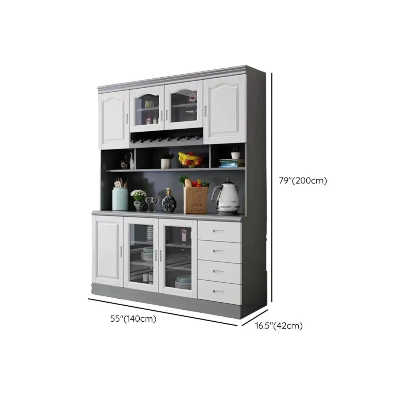 Buffet de cuisine en bois blanc avec casier à vin intégré