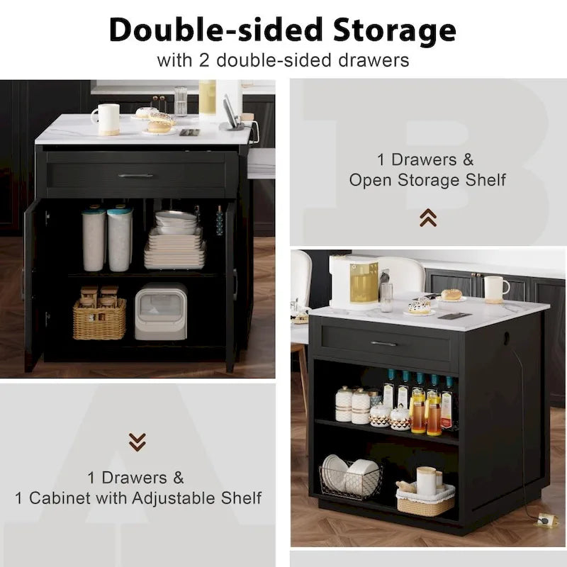 Îlot de cuisine en bois de 210 cm pour 4 à 6 personnes avec table à manger extensible et rangement double.