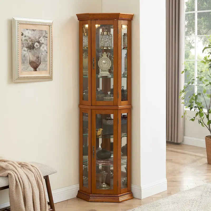 Vitrine d'angle avec éclairage, étagères réglables en verre trempé, fond miroir, meuble vitrine