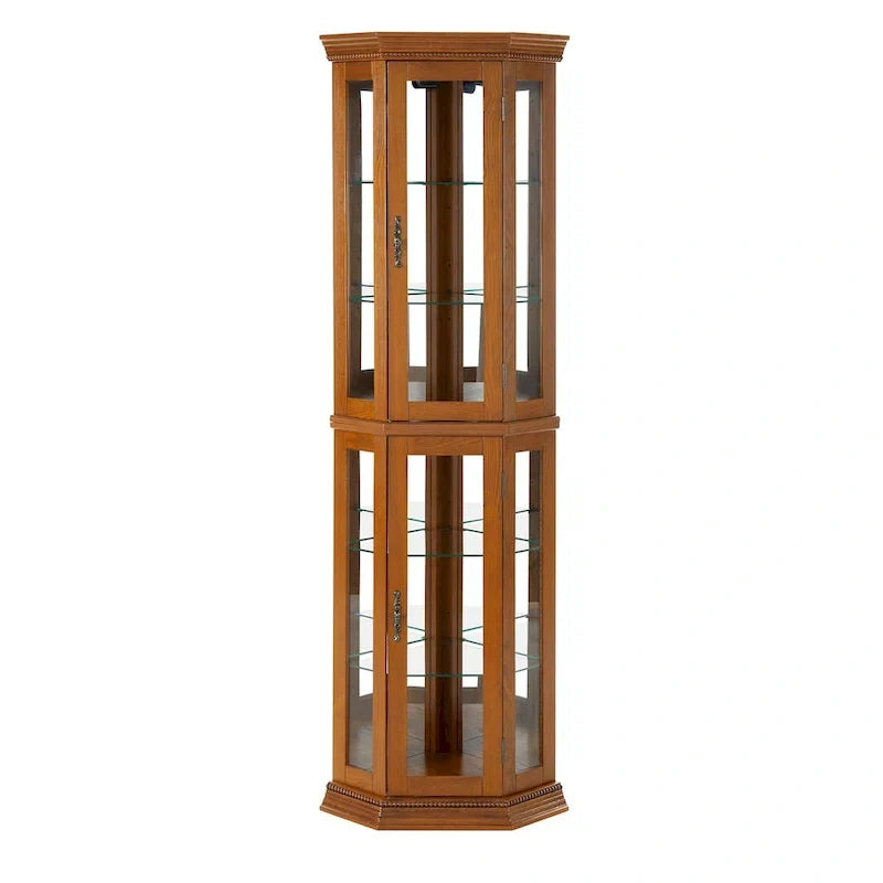 Vitrine d'angle avec éclairage, étagères réglables en verre trempé, fond miroir, meuble vitrine