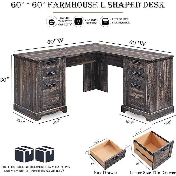 Bureau d'angle exécutif en forme de L 60 Farmhouse, bureau d'angle en bois, bureau d'ordinateur