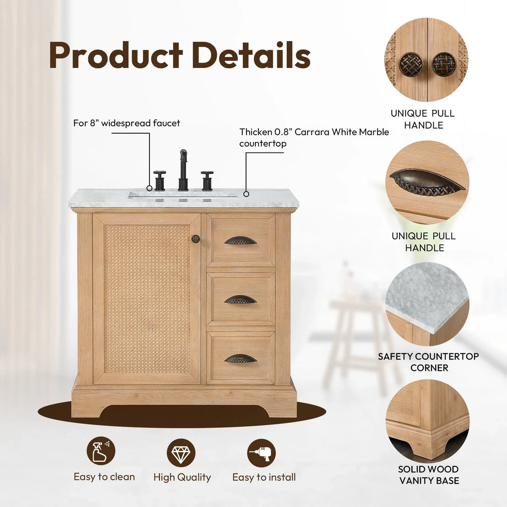 Meuble sous-vasque Hervas avec plateau en marbre naturel, sans miroir