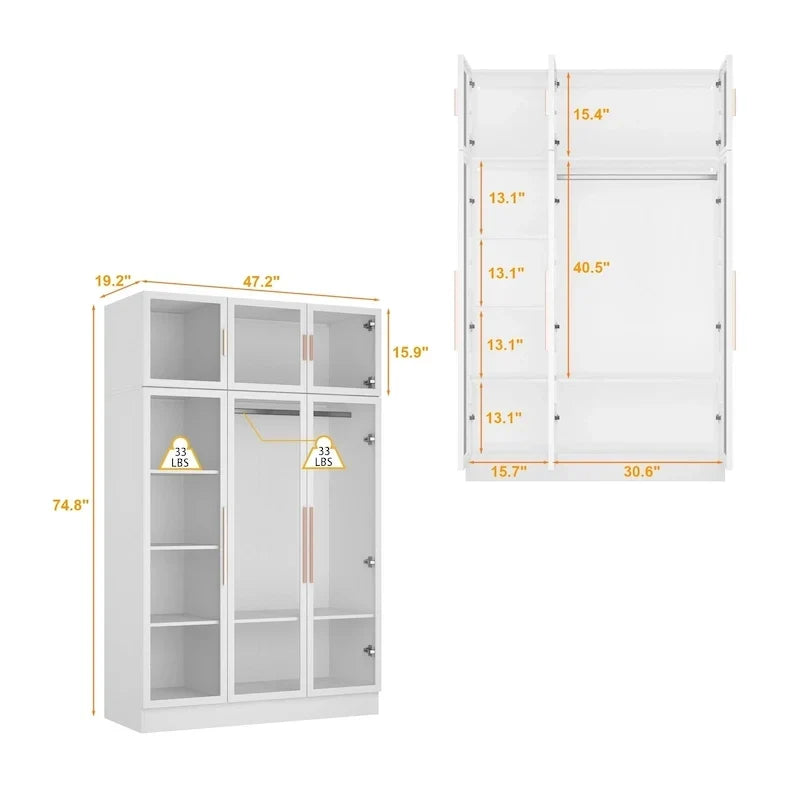 47,2 Grande Armoire LED Lumineuse Placard à Portes en Verre Entièrement en Verre