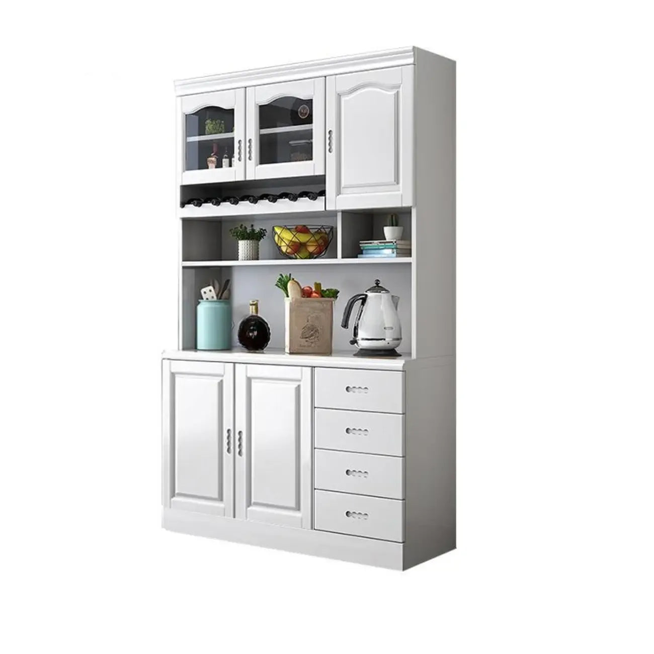 Buffet de cuisine en bois blanc avec casier à vin intégré