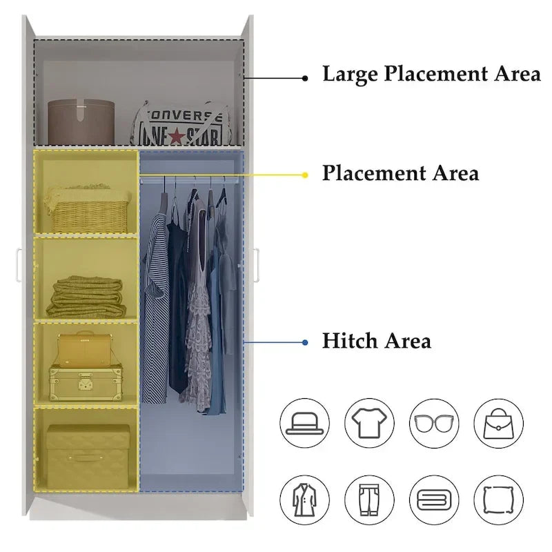 Armoire de chambre autonome à 2 portes avec tringle à vêtements