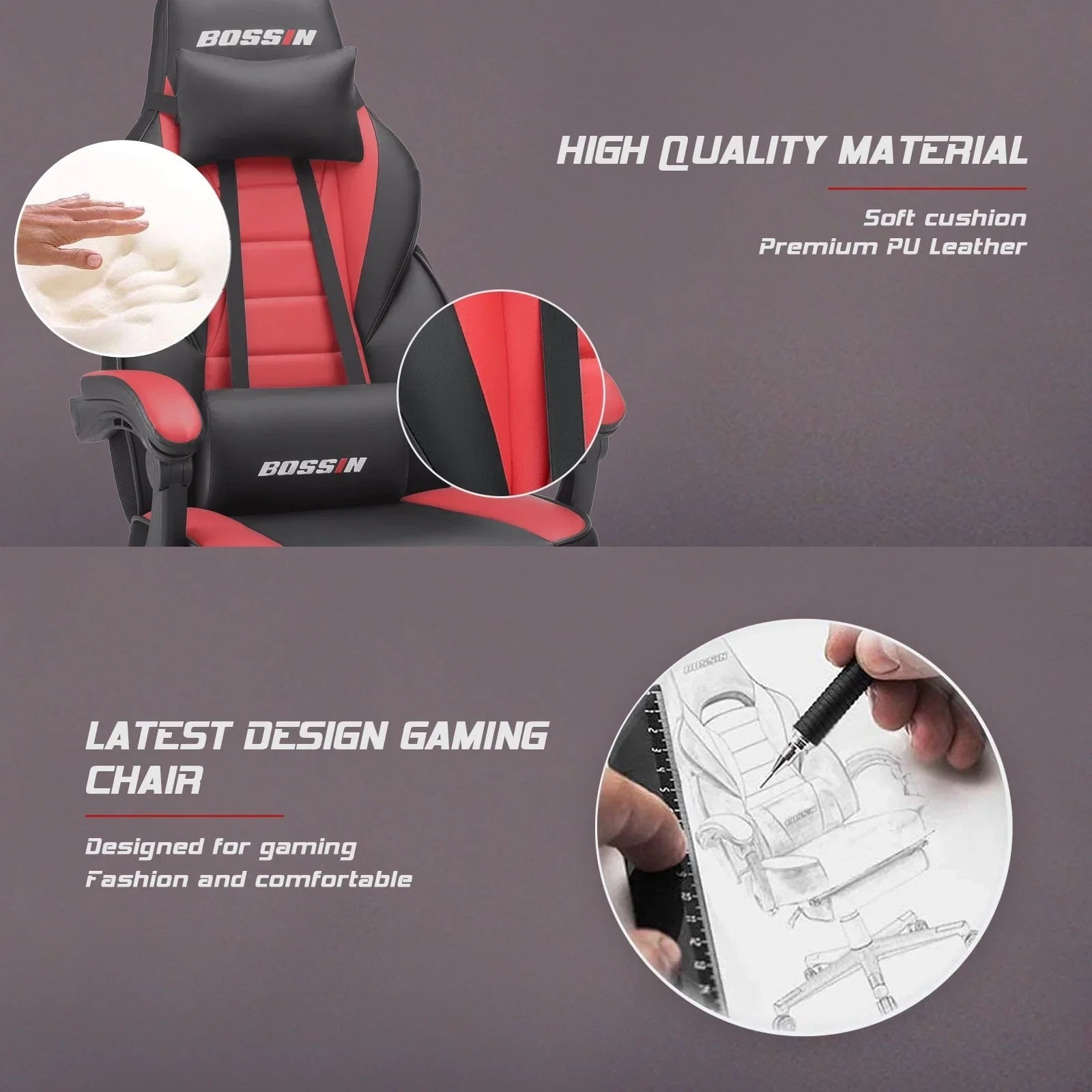 Chaise de jeu style course BOSSIN, fauteuil gamer grande taille 300 lb, chaise d'ordinateur à dossier haut