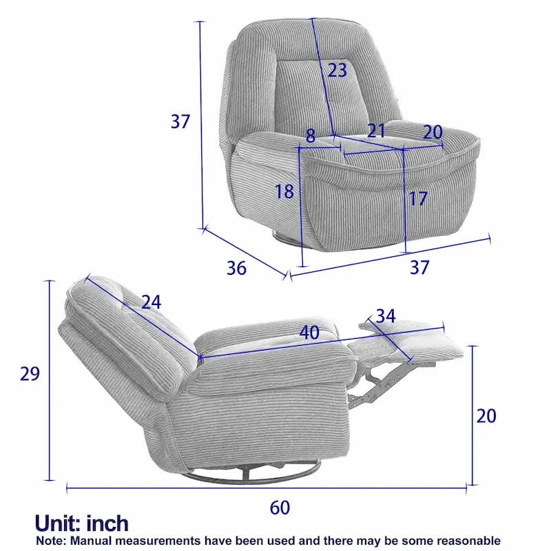 Fauteuil inclinable pivotant et coulissant en velours côtelé avec repose-pieds pour salon