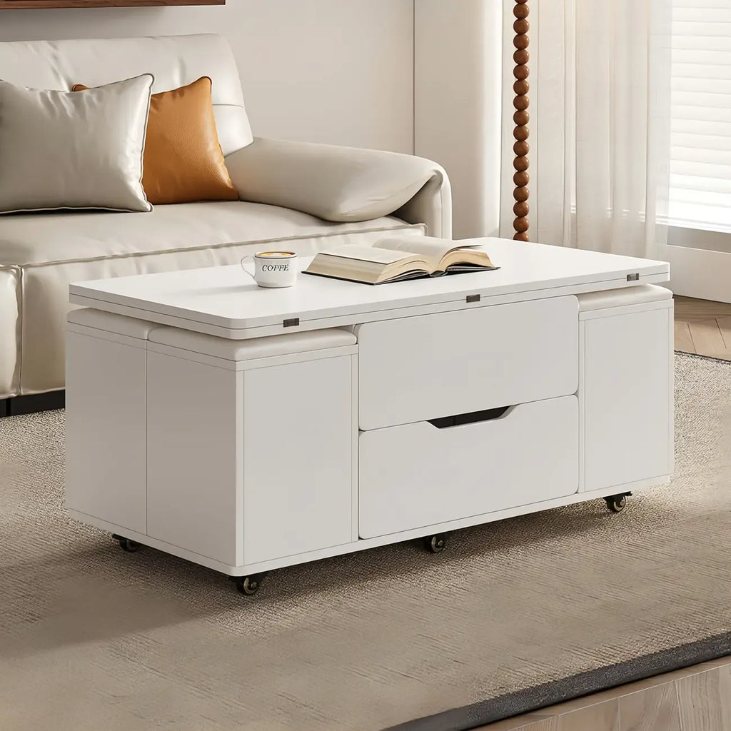Table basse relevable pliable avec 4 tabourets et rangement