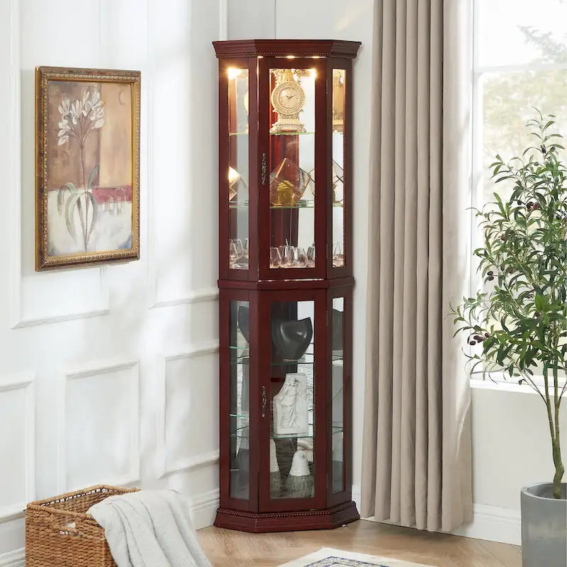 Vitrine d'angle avec éclairage, étagères réglables en verre trempé, fond miroir, meuble vitrine