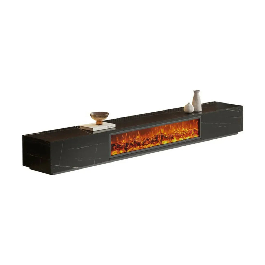 Meuble TV en pierre avec cheminée électrique noire et lumière, 87 cm de large