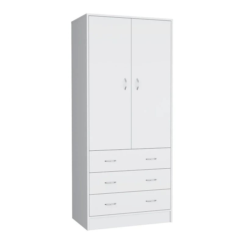 19 Armoire moderne à deux portes avec 3 tiroirs et 1 tringle de penderie pour chambre à coucher