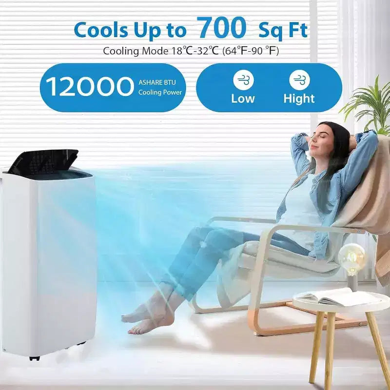 Climatiseur portable 12 000 BTU pour 51 m² – Unité de climatisation 3 en 1 avec modes Refroidissement/Déshumidificateur/Ventilateur
