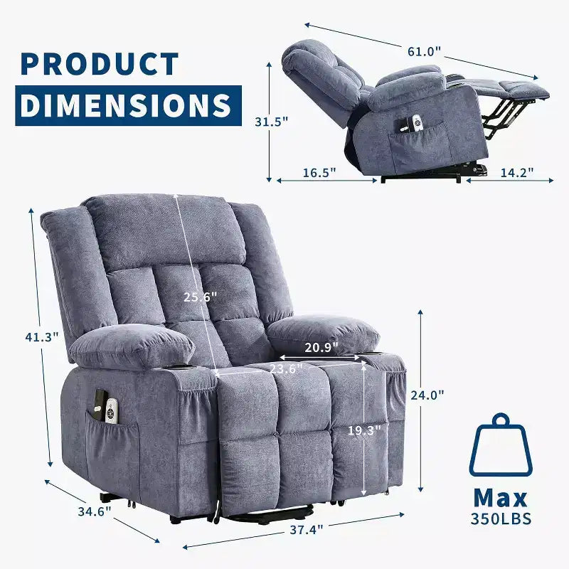 Fauteuil inclinable releveur avec massage, porte-gobelets, poches de rangement, pour salon