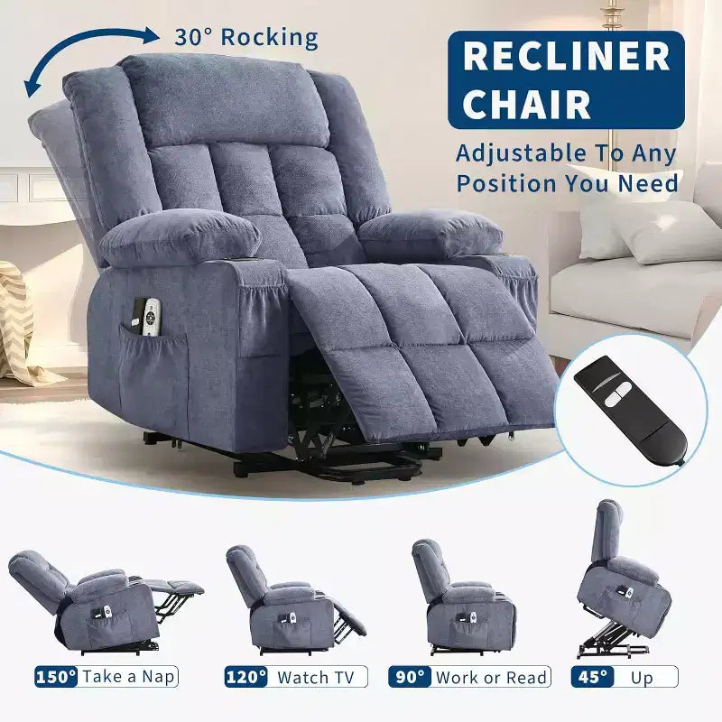 Fauteuil inclinable releveur avec massage, porte-gobelets, poches de rangement, pour salon