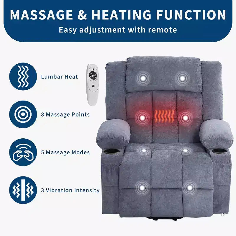 Fauteuil inclinable releveur avec massage, porte-gobelets, poches de rangement, pour salon