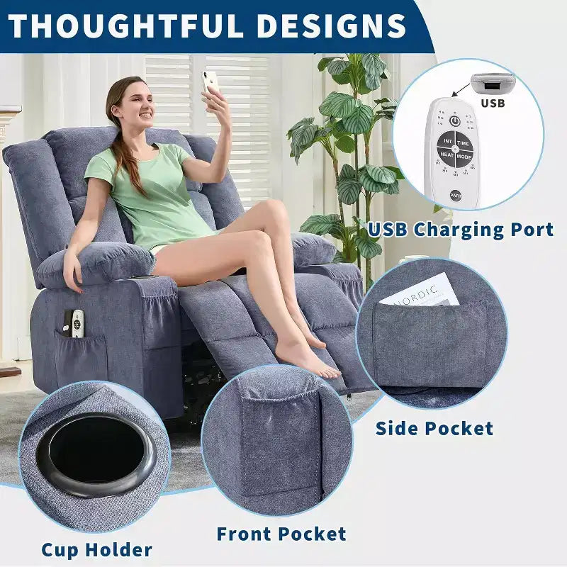 Fauteuil inclinable releveur avec massage, porte-gobelets, poches de rangement, pour salon